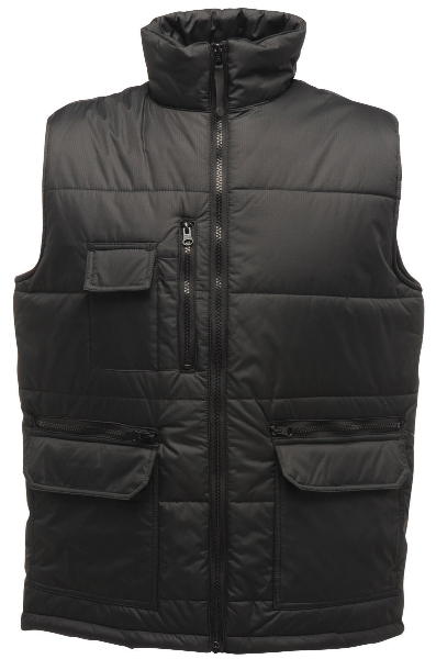 Front view of the Regatta TRA803 Steller insulated work bodywarmer in black, featuring a padded design and full zip front, on a white background.