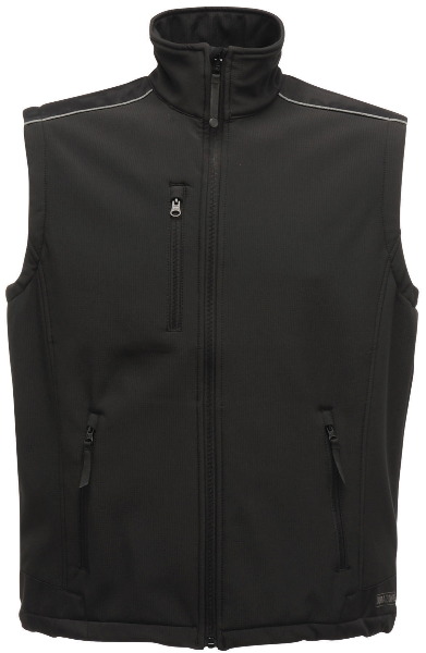 Front view of the Regatta TRA813 Sandstorm insulated work bodywarmer in black with a padded design and full zip front, on a white background.
