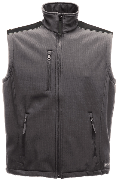 Front view of the Regatta TRA813 Sandstorm insulated work bodywarmer in black with a padded design and full zip front, on a white background.