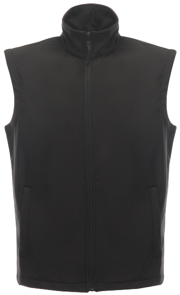 Front view of the Regatta TRA820 Classic softshell bodywarmer in black, featuring wind‑resistant softshell fabric, stretch construction and two zipped lower pockets, on a white background.