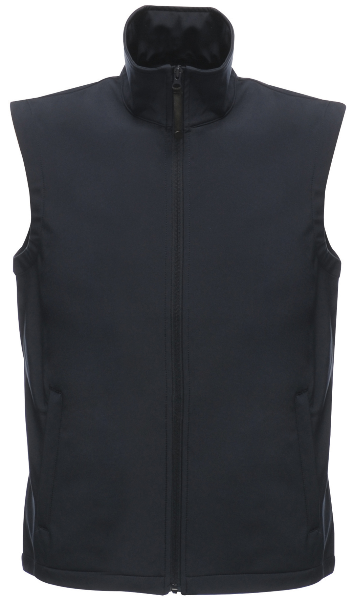 Front view of the Regatta TRA820 Classic softshell bodywarmer in navy, showing a lightweight softshell design with wind resistance, flexible stretch fabric and zipped pockets, on a white background.