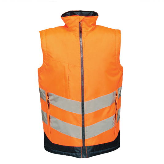 Front view of the Regatta TRA840 hi‑vis pro bodywarmer in orange, featuring waterproof fabric, reflective bands and a zip front for enhanced visibility, on a white background.