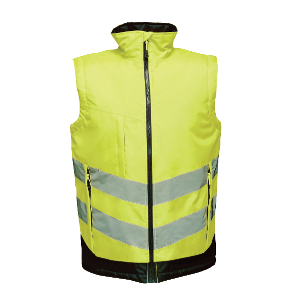 Front view of the Regatta TRA840 hi‑vis pro bodywarmer in yellow, showing reflective tape, windproof waterproof construction and a practical workwear fit, on a white background.