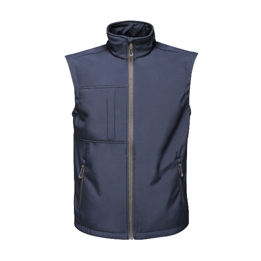 Front view of the Regatta TRA848 Octagon softshell bodywarmer in navy, featuring a 3‑layer printable softshell fabric with zip pockets and a warm‑backed inner layer, on a white background.