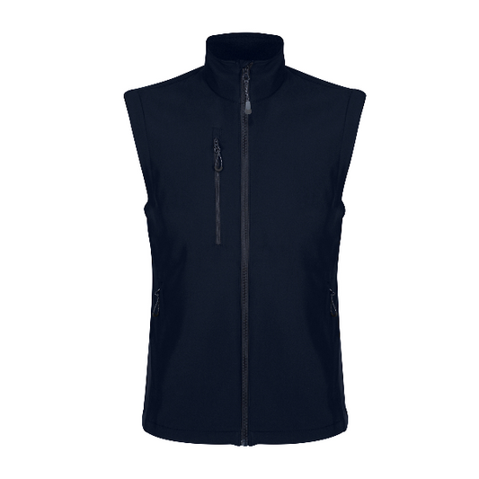 Front view of the Regatta TRA858 softshell bodywarmer in navy, featuring recycled softshell fabric, wind‑resistant construction and two zipped lower pockets, on a white background.
