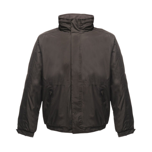 Front view of the Regatta Dover Jacket TRW297 in black with concealed hood, zipped pockets and stormflap closure.