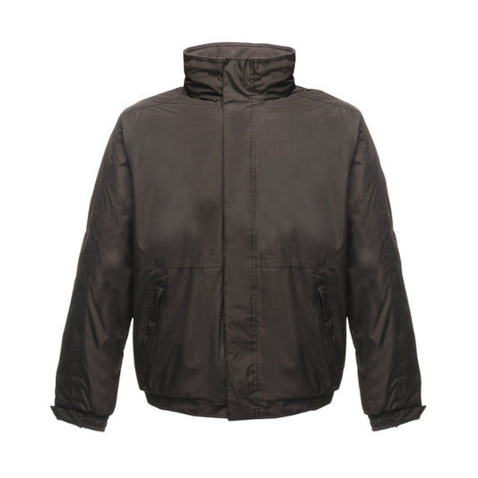 Front view of the Regatta Dover Jacket TRW297 in black with concealed hood, zipped pockets and stormflap closure.