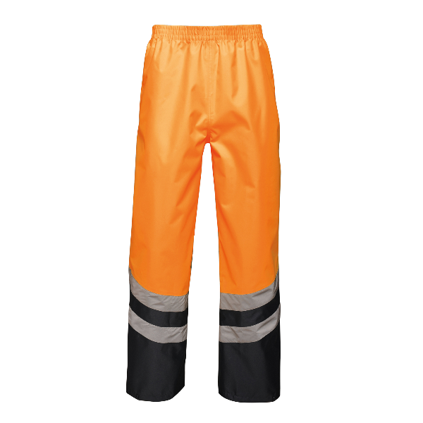 Front view of the Regatta TRW505 hi‑vis pro overtrouser in orange, featuring waterproof fabric, reflective bands and a pull‑on design for high‑visibility site work, on a white background.