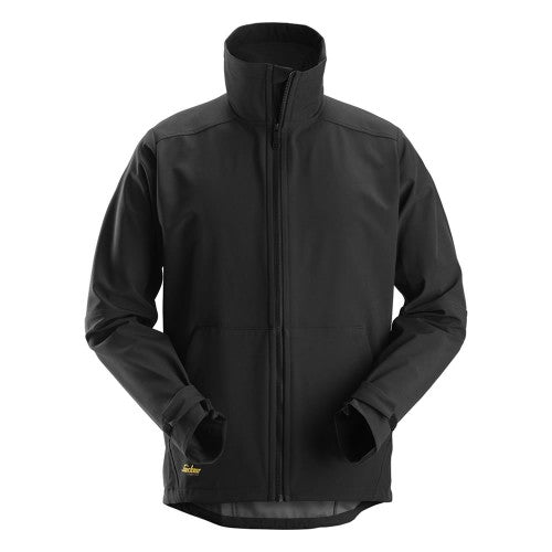 Front view of the Snickers Windproof Softshell Jacket 1205 in black, showing the high protective collar, front zip pockets and clean profiling area.