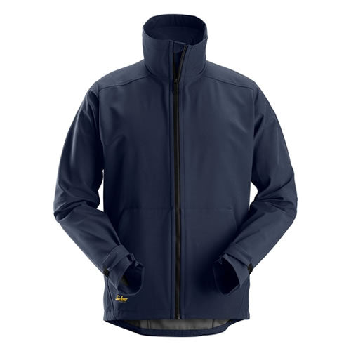 Front view of the Snickers Windproof Softshell Jacket 1205 in navy, showing the stretch softshell fabric and elastic drawcord hem.