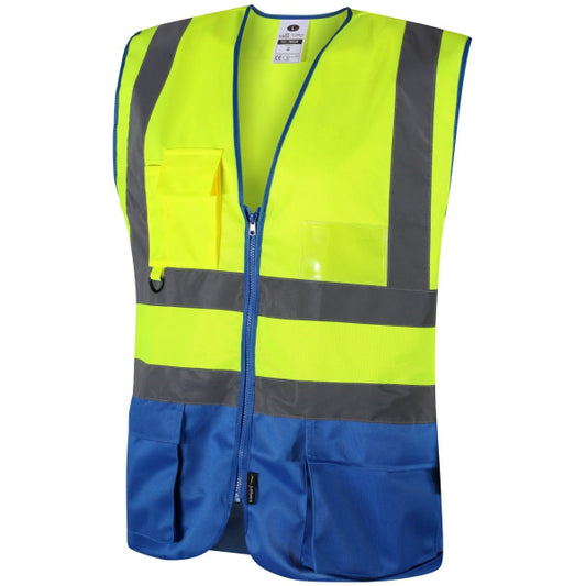 Traega Contrast Executive Hi-Vis Waistcoat TWC06 in hi-vis yellow and blue, zipped front view showing waist bands and shoulder braces