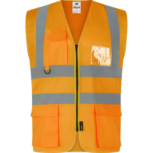 Traega Executive Hi-Vis Waistcoat TWC04 in hi-vis orange, zipped front view showing ID card holder and phone pocket.