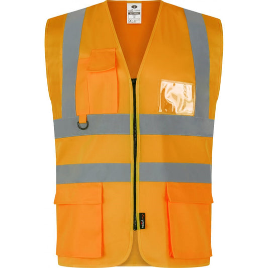 Traega Executive Hi-Vis Waistcoat TWC04 in hi-vis orange, zipped front view showing ID card holder and phone pocket.