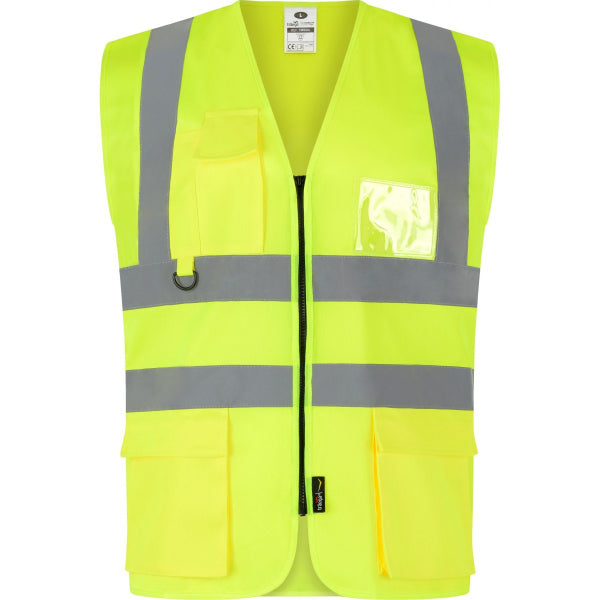 Traega Executive Hi-Vis Waistcoat TWC04 in hi-vis yellow, zipped front view with double pen holder and D-ring
