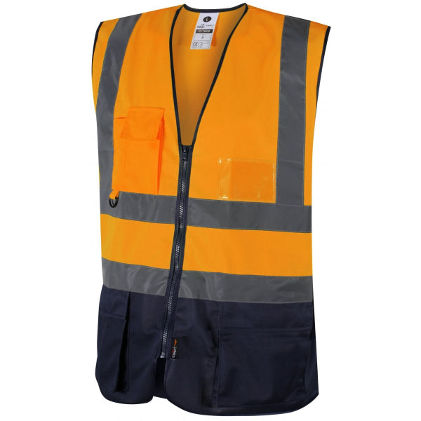 Traega Executive Two-Tone Hi-Vis Waistcoat TWC05 in hi-vis orange and navy, zipped front view with double pen holder and D-ring