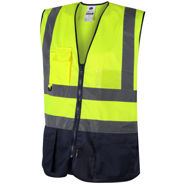 Traega Executive Two-Tone Hi-Vis Waistcoat TWC05 in hi-vis yellow and navy, zipped front view showing ID holder and phone pocket