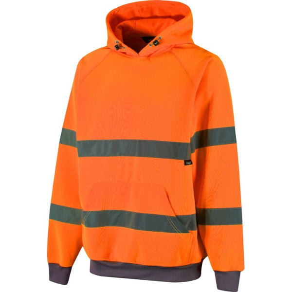 Traega Hi-Vis Hoodie TSW13 in hi-vis orange, reflective waist bands and ribbed cuffs shown.
