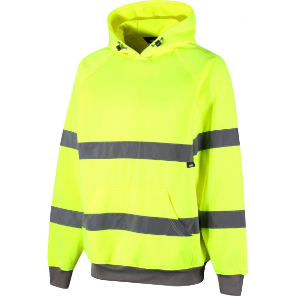 Traega Hi-Vis Hoodie TSW13 in hi-vis yellow, fleece-lined hood and front kangaroo pocket visible.