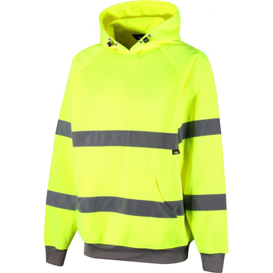 Traega Hi-Vis Hoodie TSW13 in hi-vis yellow, fleece-lined hood and front kangaroo pocket visible.