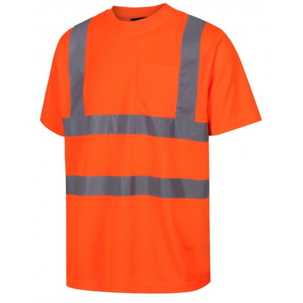 Traega Hi-Vis Two Band and Brace T-Shirt TTS11 in hi-vis orange, front view with left breast pocket visible.