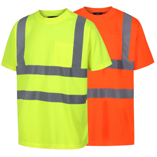Traega Hi-Vis Two Band and Brace T-Shirt TTS11 shown in hi-vis yellow and hi-vis orange, front view with reflective waist bands, shoulder braces and chest pocket visible.