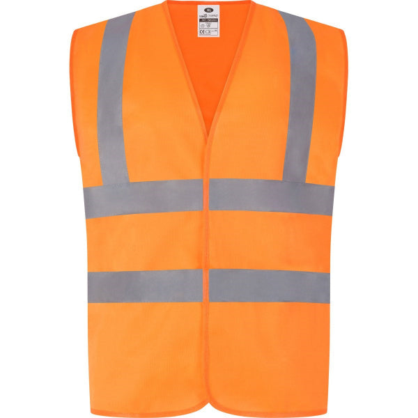 Traega Hi-Vis Waistcoat 2 Band and Brace TWC01 in hi-vis orange, front view with Velcro fastening and reflective tape