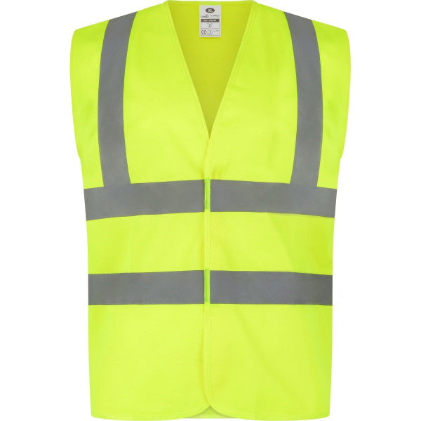 Traega Hi-Vis Waistcoat 2 Band and Brace TWC01 in hi-vis yellow, front view showing waist bands and shoulder braces.