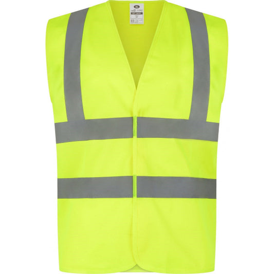 Traega Hi-Vis Waistcoat 2 Band and Brace TWC01 in hi-vis yellow, front view showing waist bands and shoulder braces.