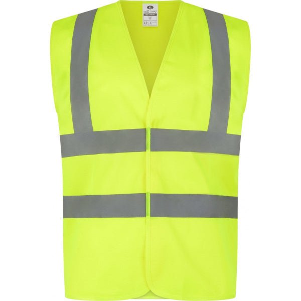 Traega Hi-Vis Waistcoat 2 Band and Brace TWC01 in hi-vis yellow, front view showing waist bands and shoulder braces.