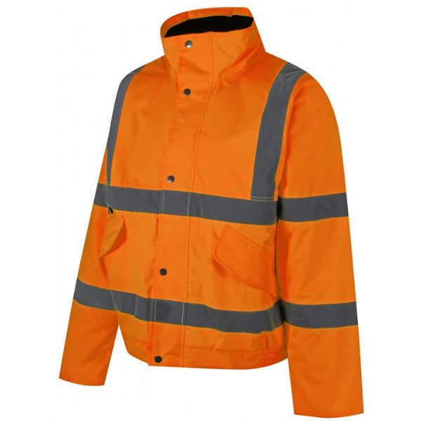 Traega Waterproof Hi-Vis Bomber Jacket TBJ01 in hi-vis orange, front view showing the Class 3 rated fabric and stain resistant finish.