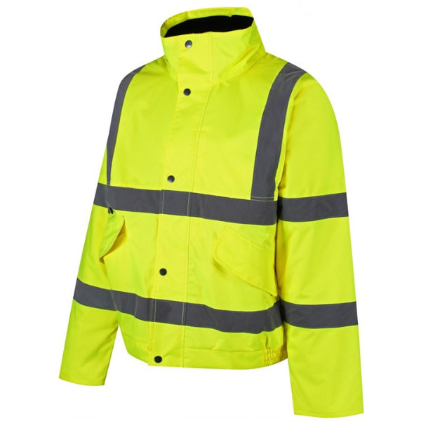 Traega Waterproof Hi-Vis Bomber Jacket TBJ01 in hi-vis yellow, front view showing the bomber cut, side pockets, and waterproof outer fabric.
