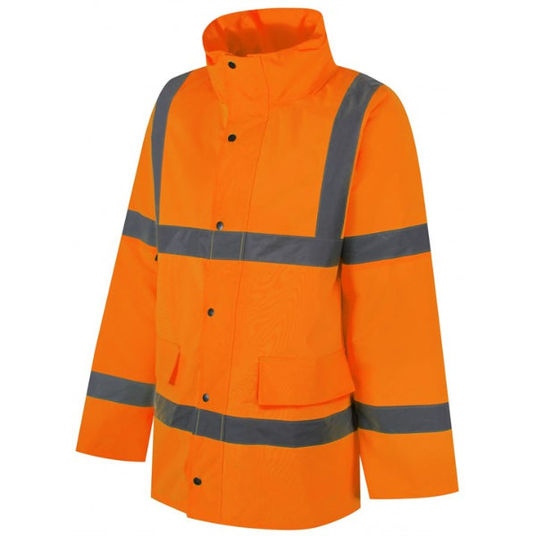 Traega Waterproof Hi-Vis Parka Jacket TJK01 in hi-vis orange, front view showing the Class 3 rated fabric and quilted lining.