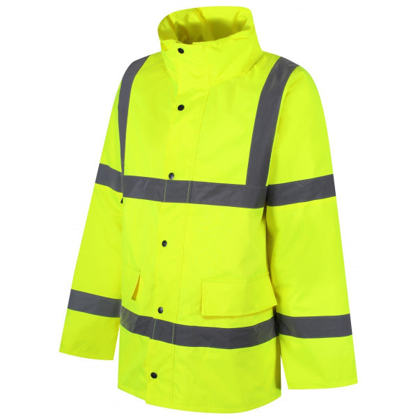 Traega Waterproof Hi-Vis Parka Jacket TJK01 in hi-vis yellow, front view showing the long parka length, front pockets, and waterproof outer shell.