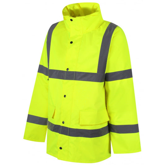 Traega Waterproof Hi-Vis Parka Jacket TJK01 in hi-vis yellow, front view showing the long parka length, front pockets, and waterproof outer shell.