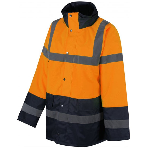 Two-Tone Hi-Vis Parka Jacket TJK03 in hi-vis orange and navy, front view showing the quilted lining and two front pockets.