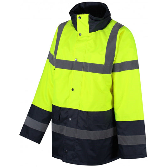 Traega Two-Tone Hi-Vis Parka Jacket TJK03 in hi-vis yellow and navy, front view showing the storm flap, concealed hood, and taped seams.