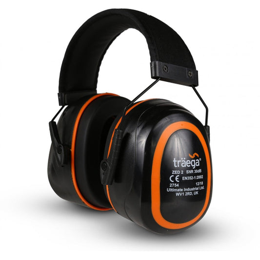 Traega Headband Ear Defenders SNR30 shown in black and orange, front view on a white background, highlighting the adjustable cushioned headband and cupped ear shells.
