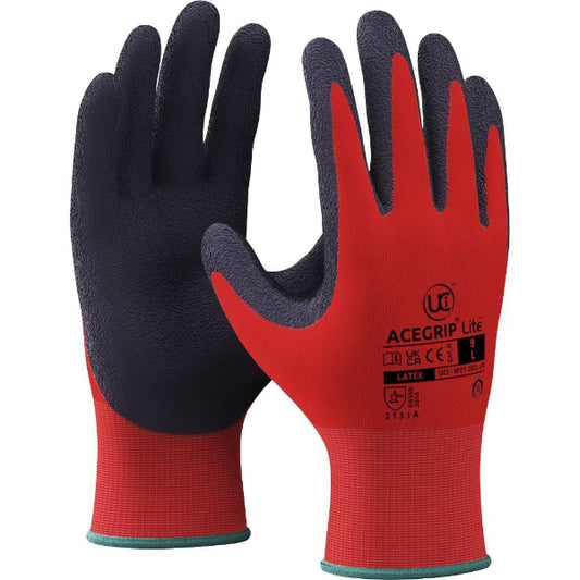 Ultimate Industrial AceGrip Lite grip glove in red and black, front view on a white background, showing the crinkle latex coating and knitted liner.